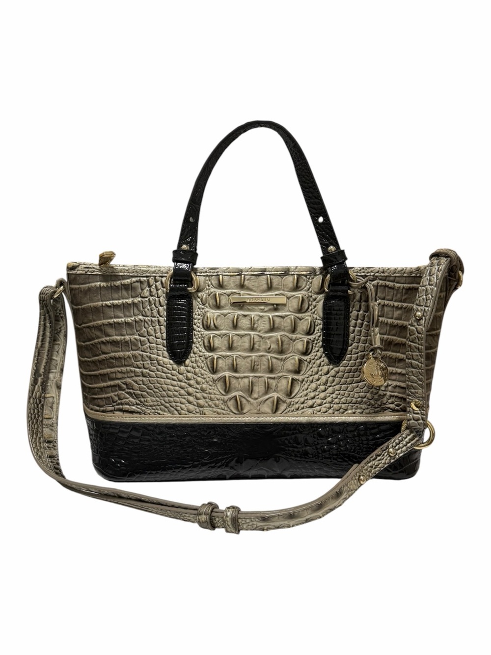 Brahmin Crocodile Gray/Black Leather Satchel Handbag